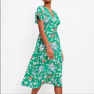 LOFT Floral Flutter Sleeve Green Midi Dress
